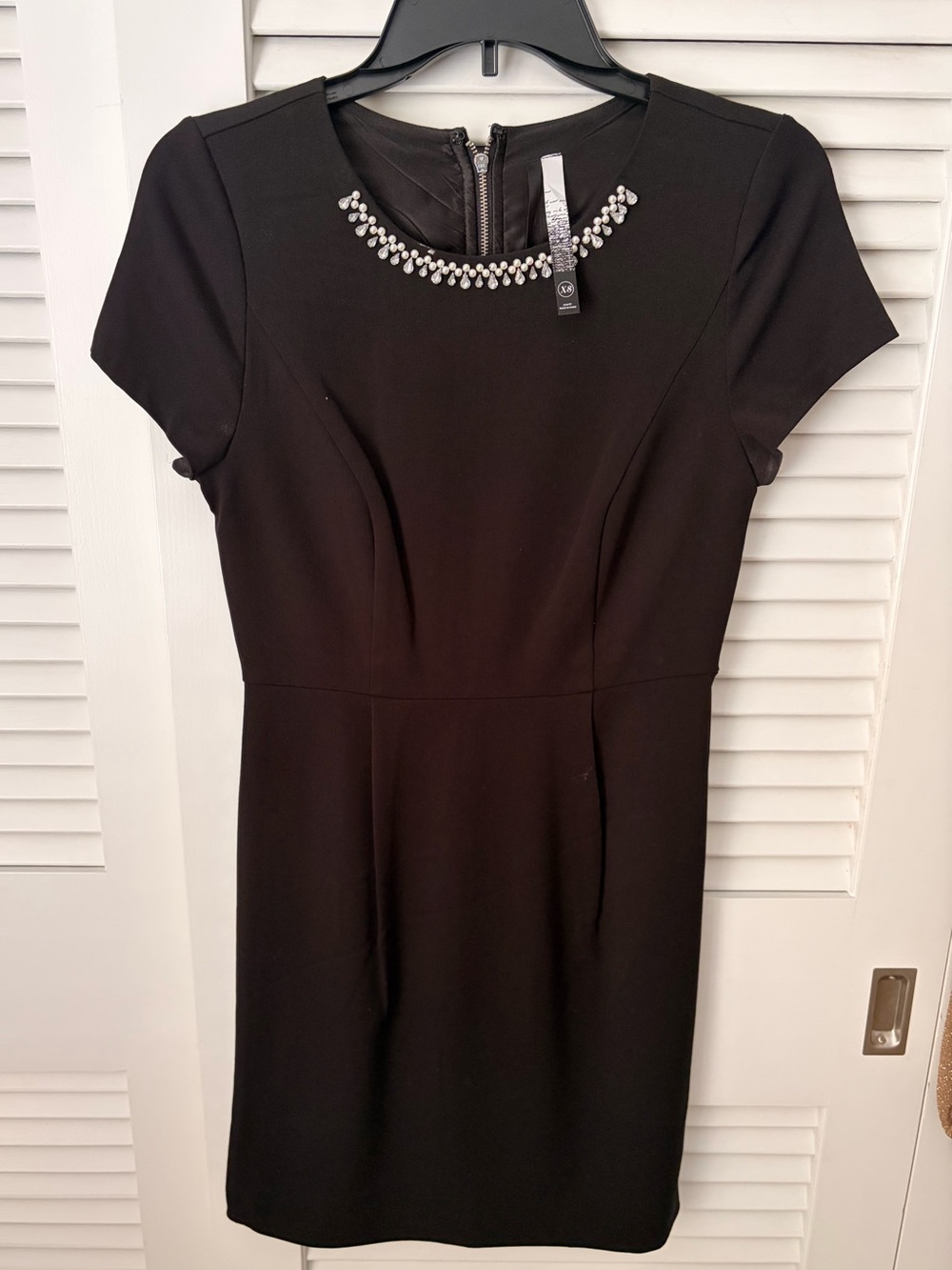 Kensie Black Short-Sleeve Mini Dress with Jeweled Neckline